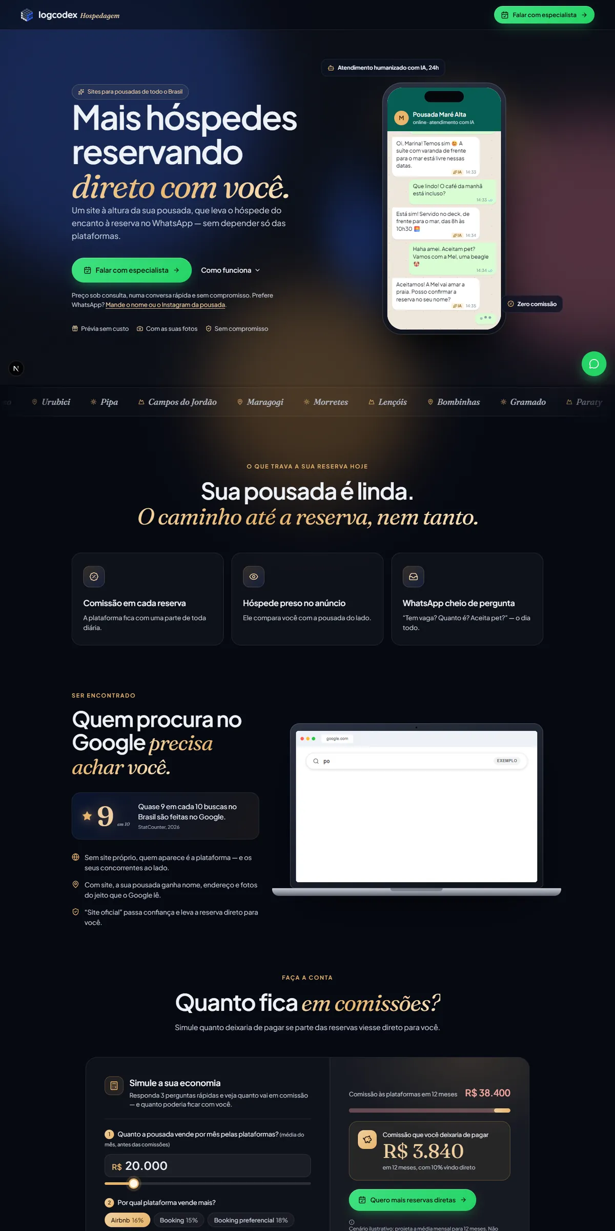 Página Sites para pousadas da LogCodex, com o título Mais hóspedes reservando direto com você.